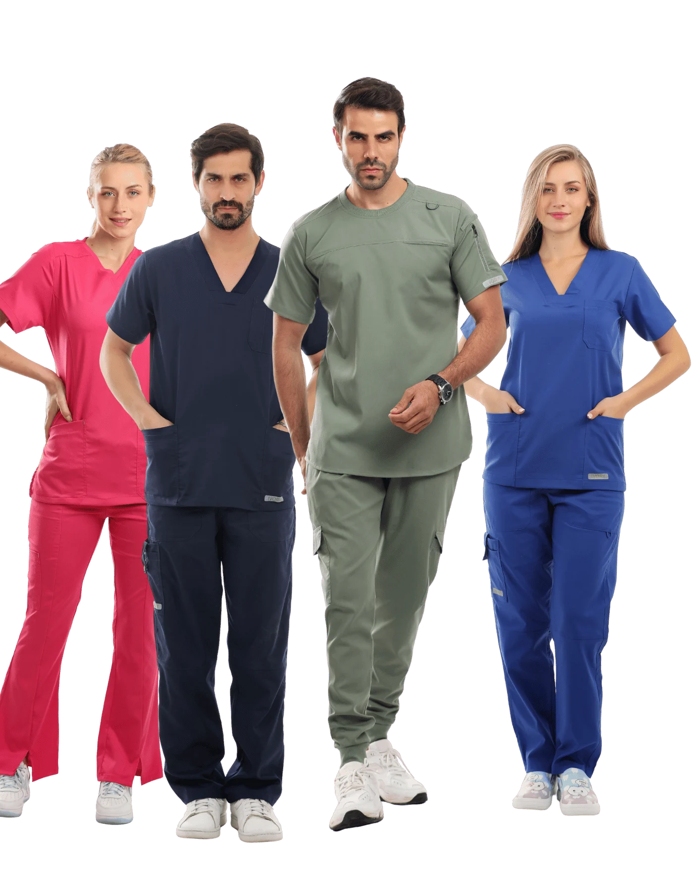 أربعة عاملين في القطاع الطبّي يرتدون سكراب CODE BLUE بألوان وردي وكحلي وأخضر زيتوني وأزرق ملكي